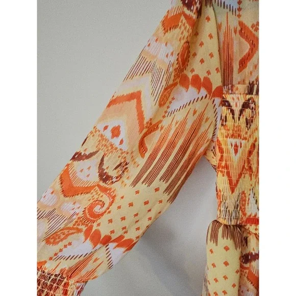 Torrid Top 00 M/L Ikat Babydoll Smocked Boho Ruffle Western Patchwork Earthy - Picture 5 of 16